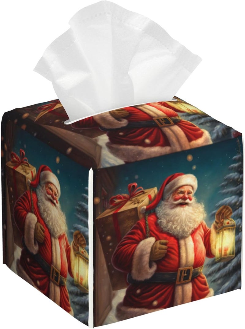sndheke Christmas Santa Claus Tissue Box Cover Square,Merry Christmas Tissue Box Holder Waterproof Leather Facial Paper Organizer Dispenser for Bathroom Home Car Nightstand Vanity Desk - Image 1